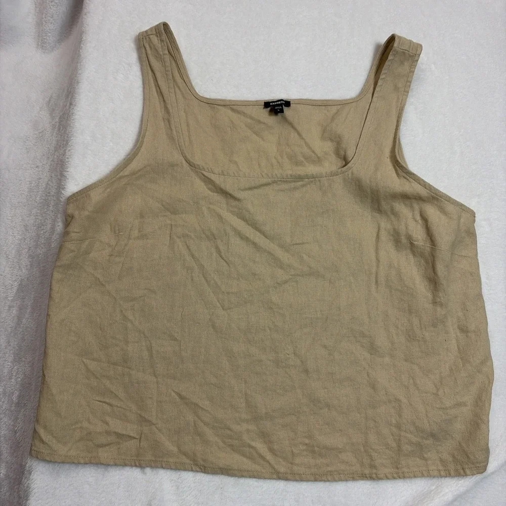 Express Women's Sleeveless Linen Blend Tank Top Large Tan Square Neck Pullover - Picture 1 of 9